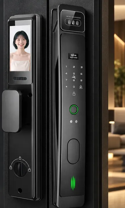 叡剛 i宿 大門款電子鎖 MBD-533 裝在深色大門上:上方 3D 人臉辨識鏡頭、螢幕、密碼鍵盤與指紋